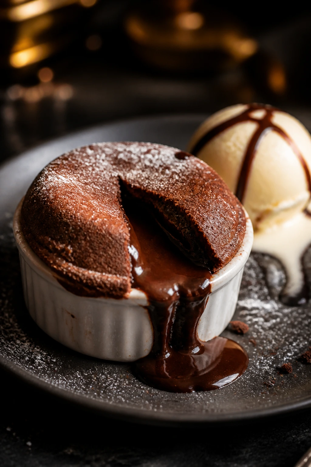 Molten lava cake with a flowing center and ice cream