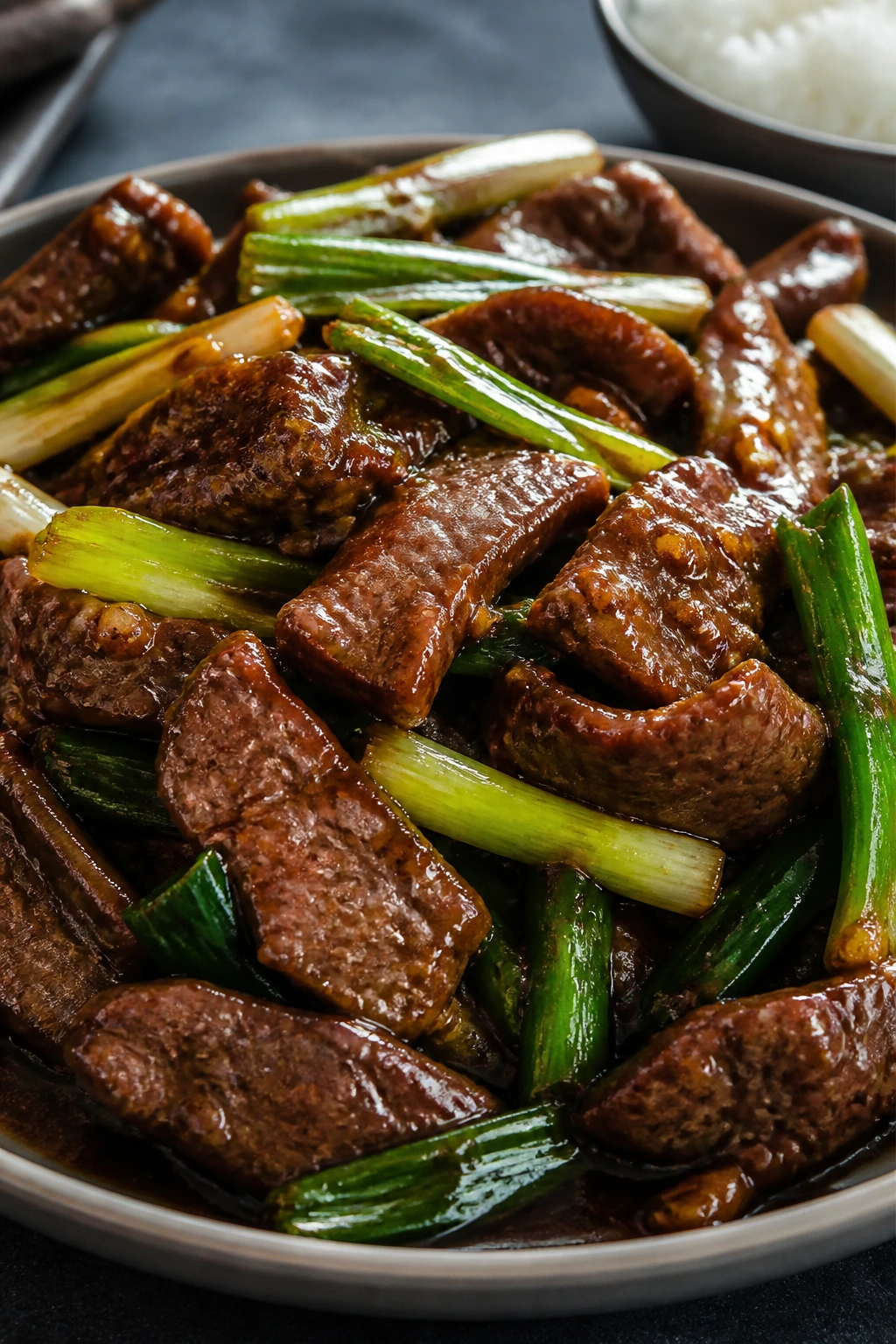 Close-up Mongolian Beef with beef strips in glossy glaze and scallions.