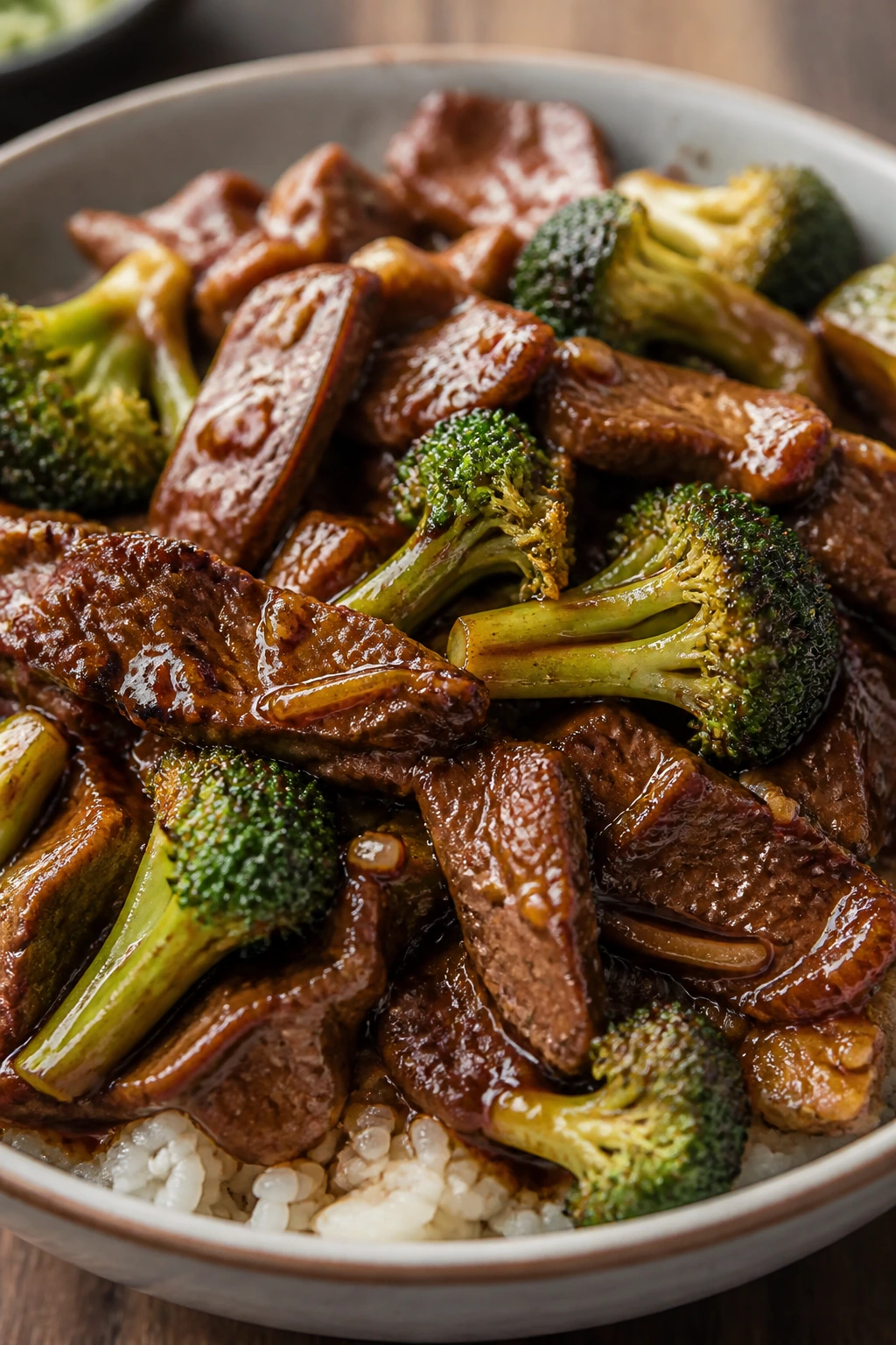 Beef strips in glossy Mongolian sauce with broccoli over rice
