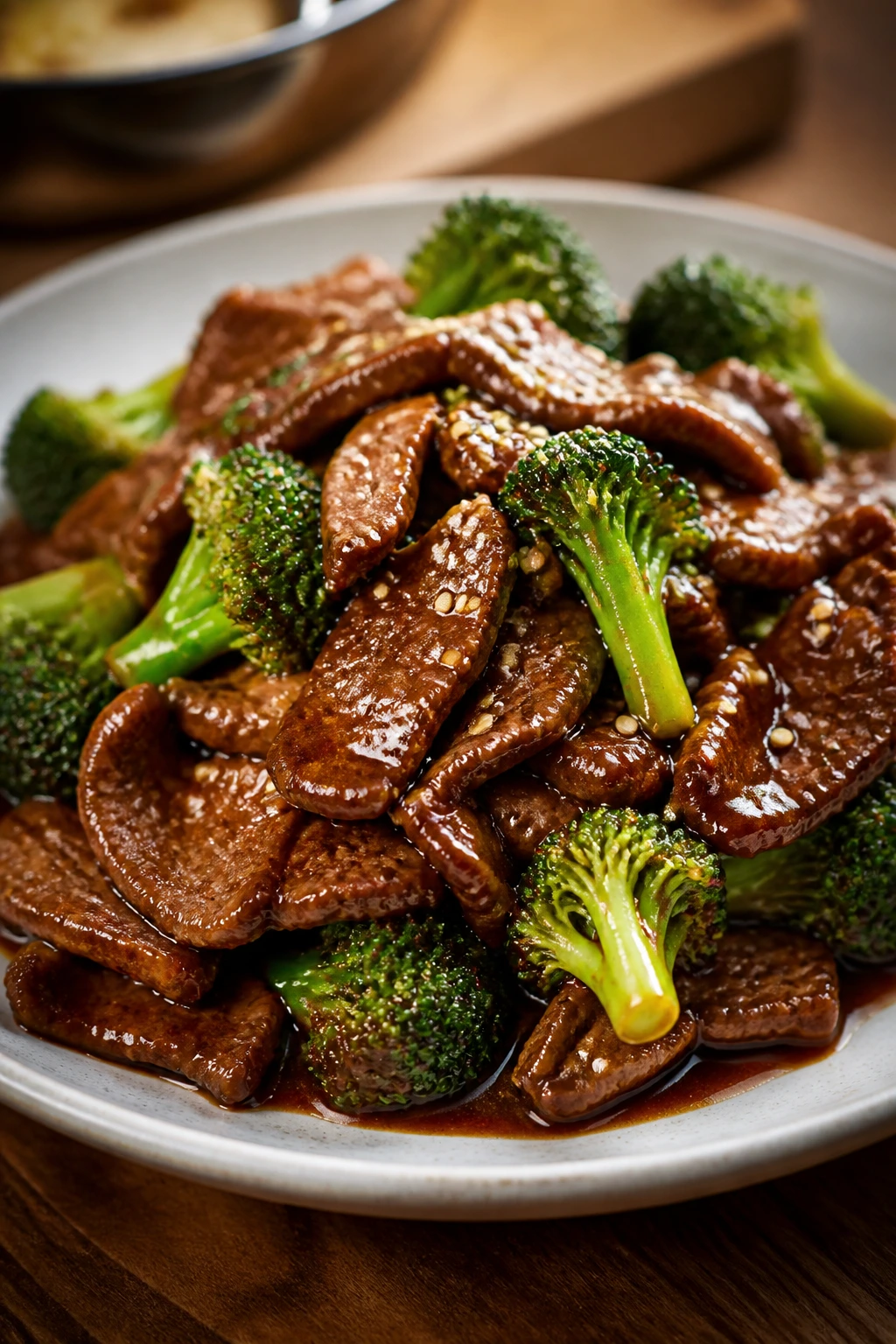 Mongolian beef with broccoli served on plate