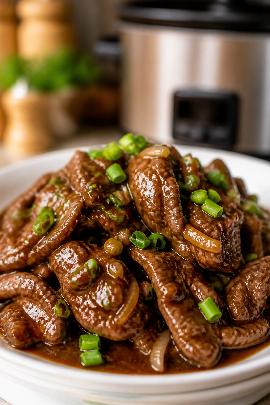 Mongolian beef in glossy sauce with scallions