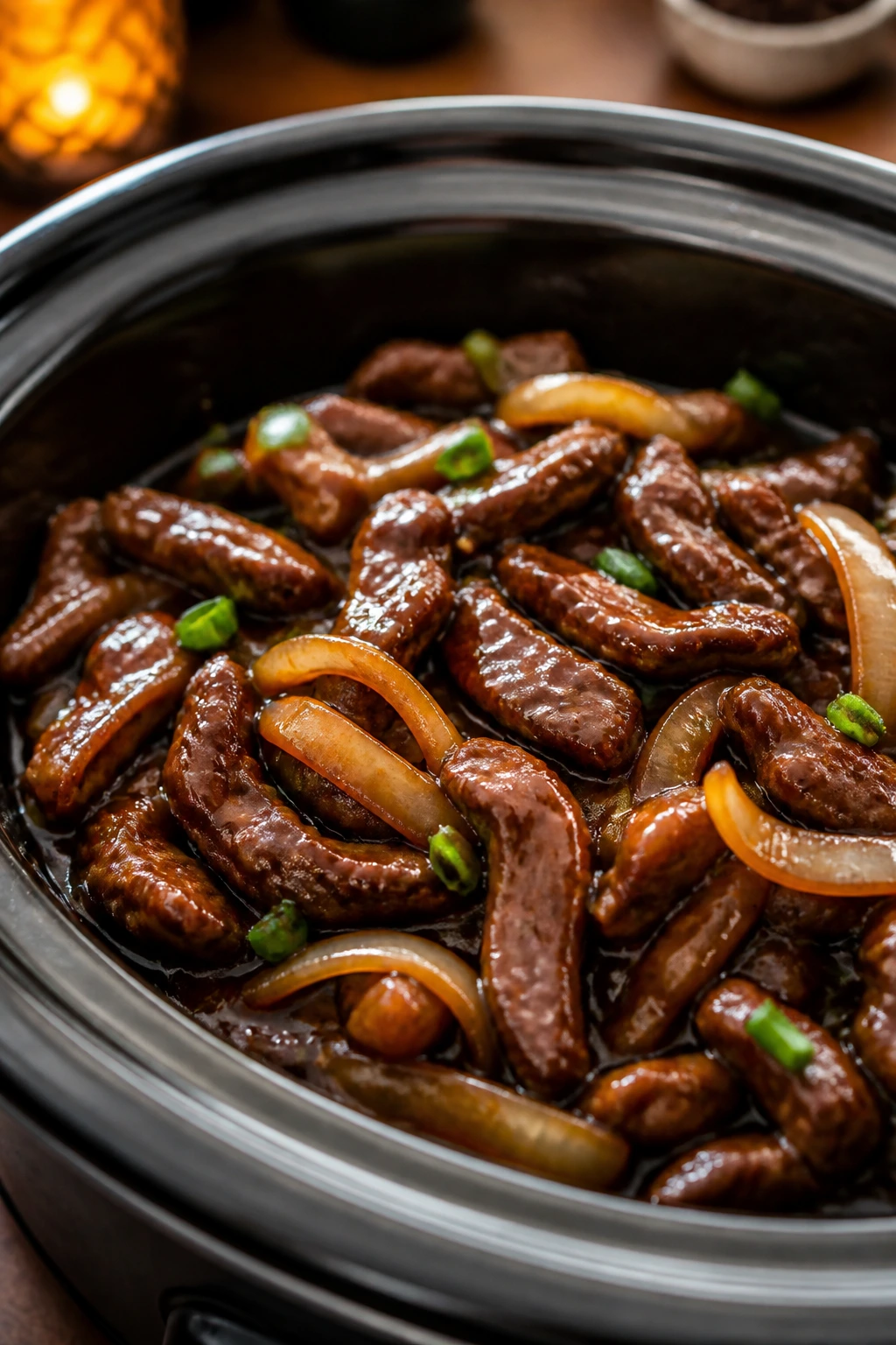 Mongolian beef with onions in glossy sauce on plate