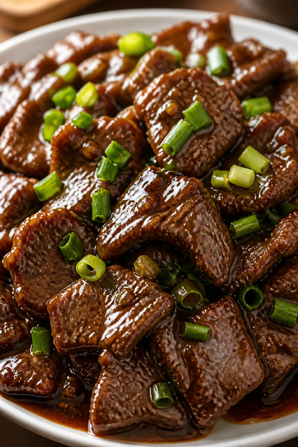 Mongolian beef with scallions and glossy glaze
