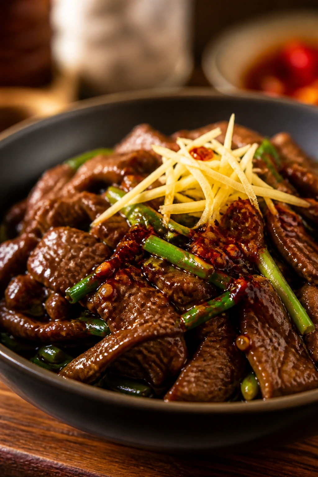 Close-up of Mongolian beef with ginger garnish and glossy sauce