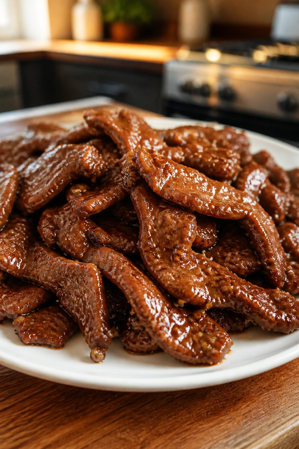 Close-up of Mongolian beef with glossy glaze on plate in warm kitchen lighting