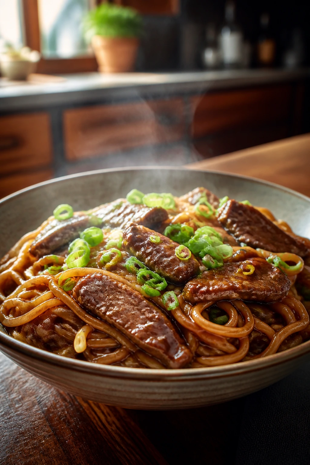 Close-up of Mongolian Beef Noodles with beef and noodles in glossy sauce