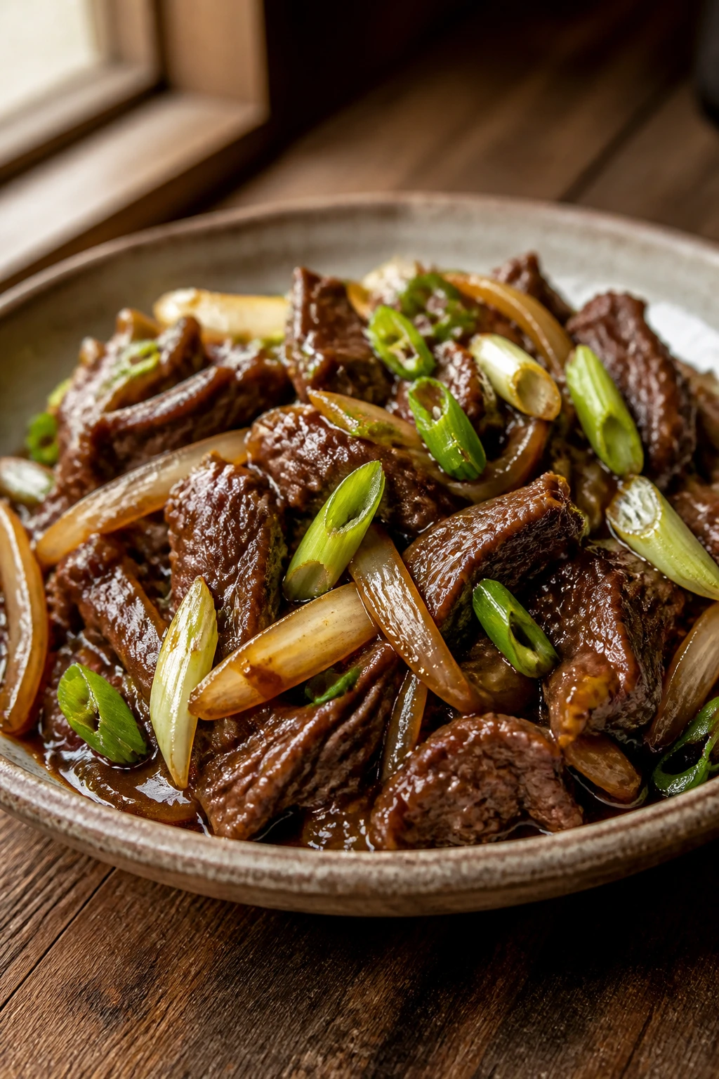 Close-up of Mongolian beef with onions and scallions on a rustic plate