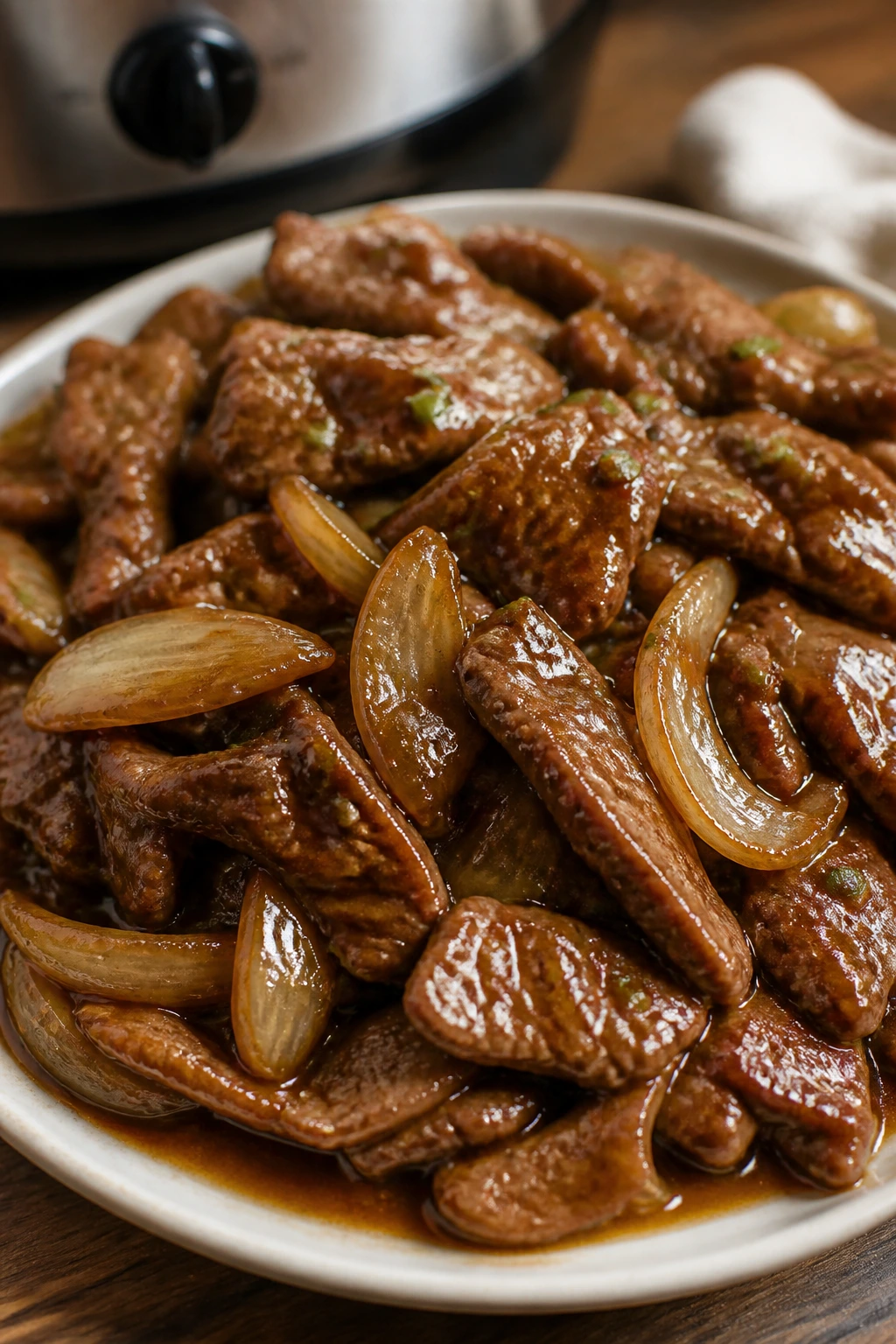 Close-up of Mongolian beef with onions in glossy sauce