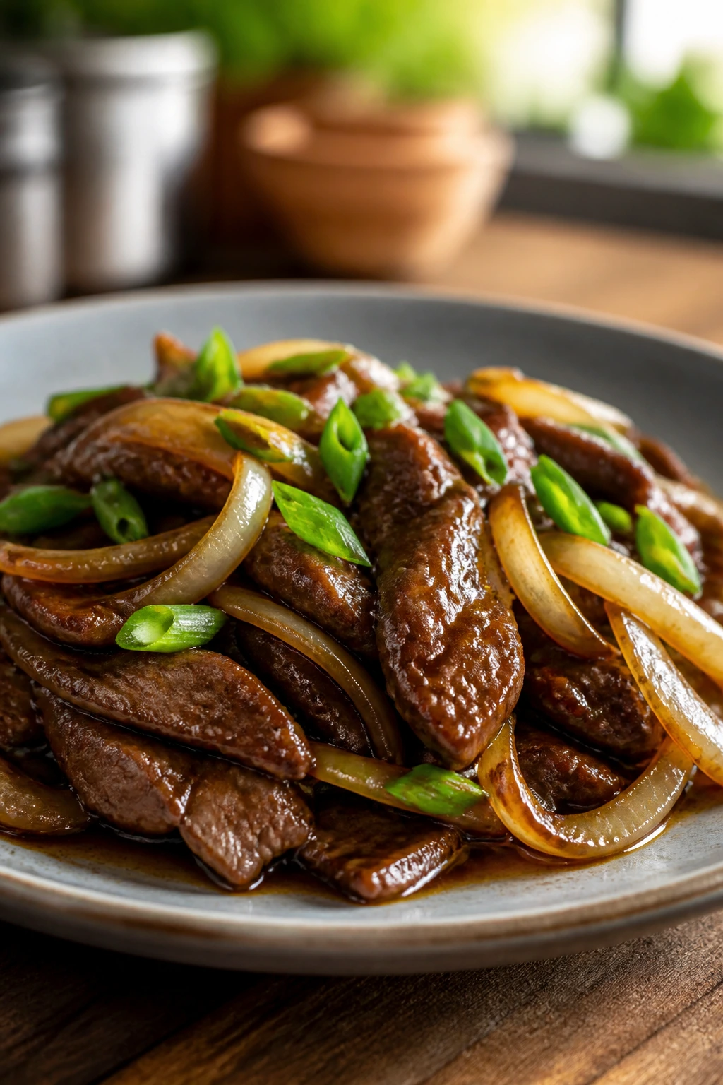 Mongolian beef with soft onions in glossy sauce