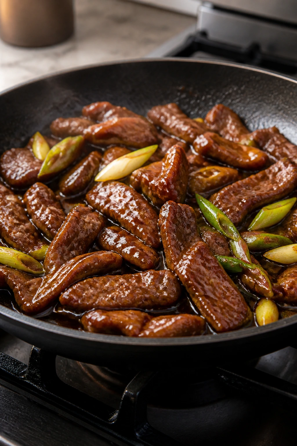 Mongolian beef in a pan with glossy sauce