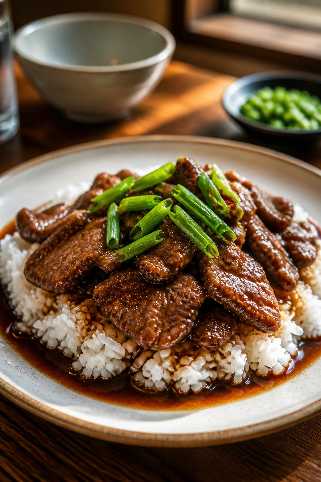 Plate of Mongolian beef served with jasmine rice and scallions
