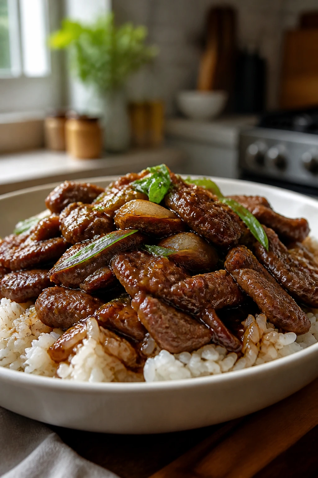 Juicy Mongolian beef over rice with glossy sauce on a plate