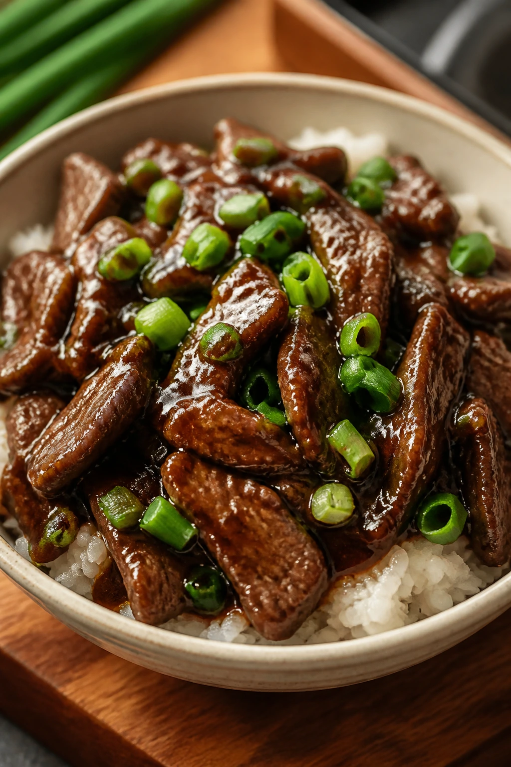 Beef rice bowl with glossy Mongolian sauce and scallions