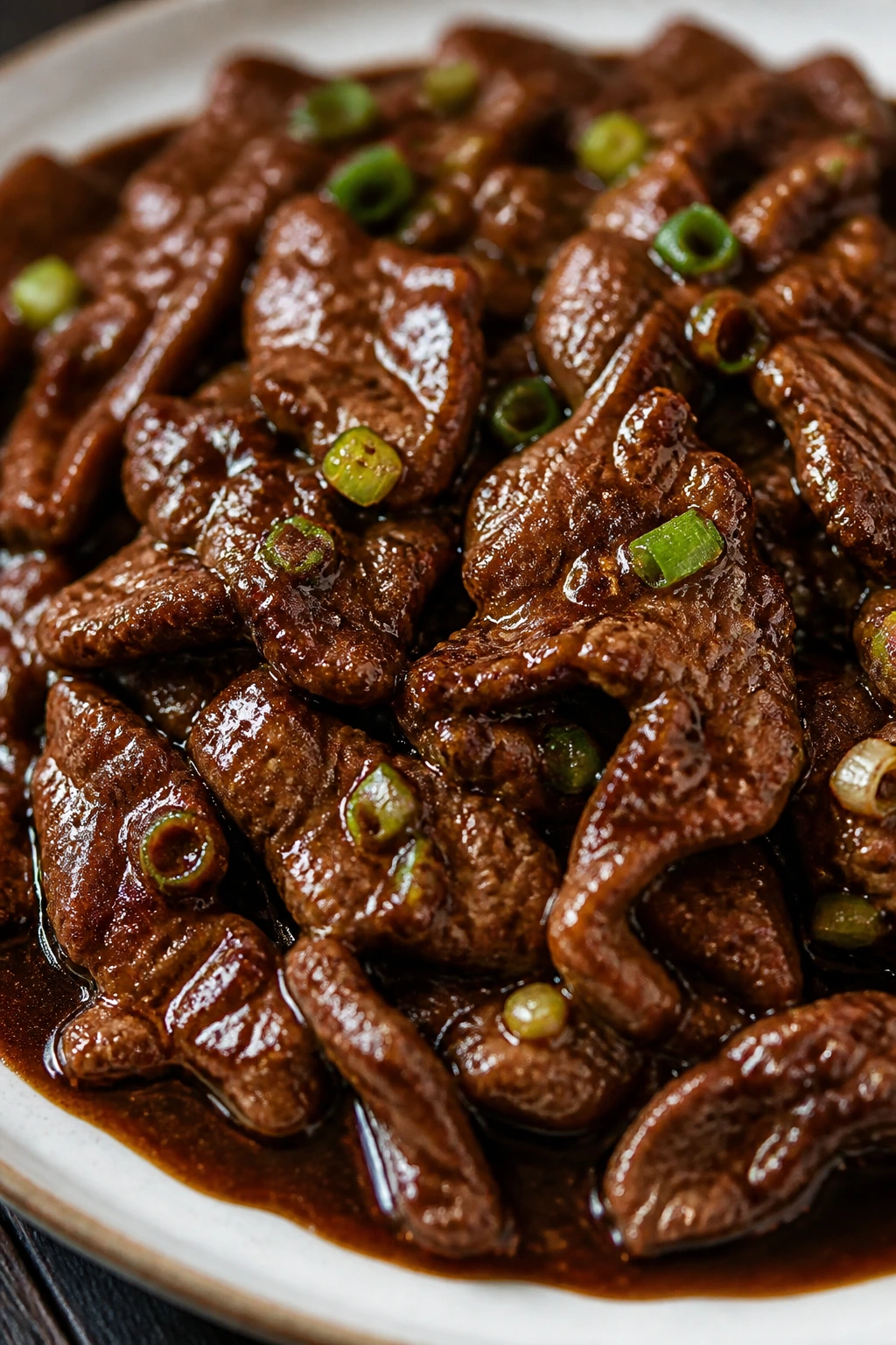 Close-up of Mongolian beef in glossy sauce on a plate