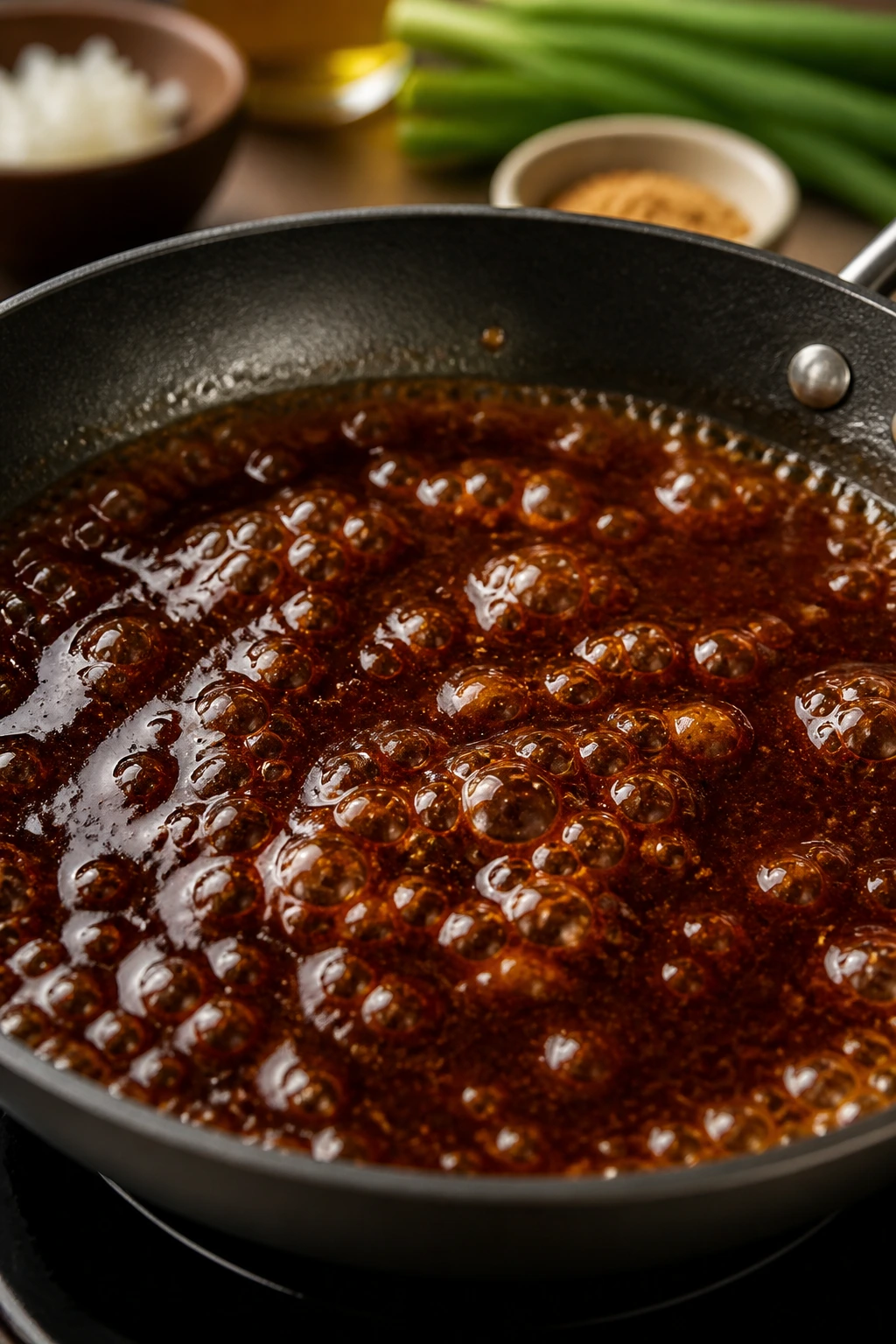 Glossy Mongolian beef sauce in a pan
