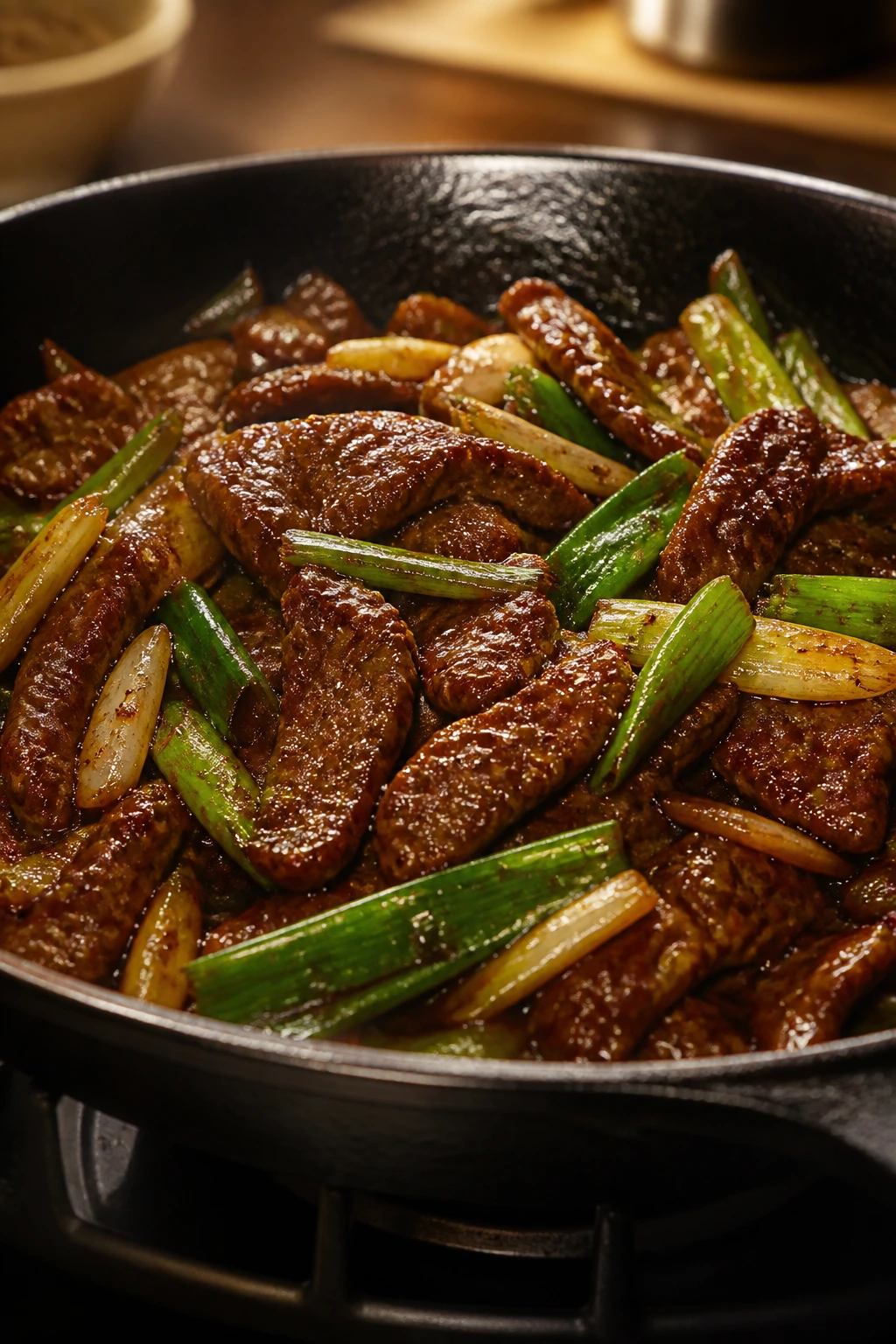Close-up of Mongolian Beef with Scallions in a skillet