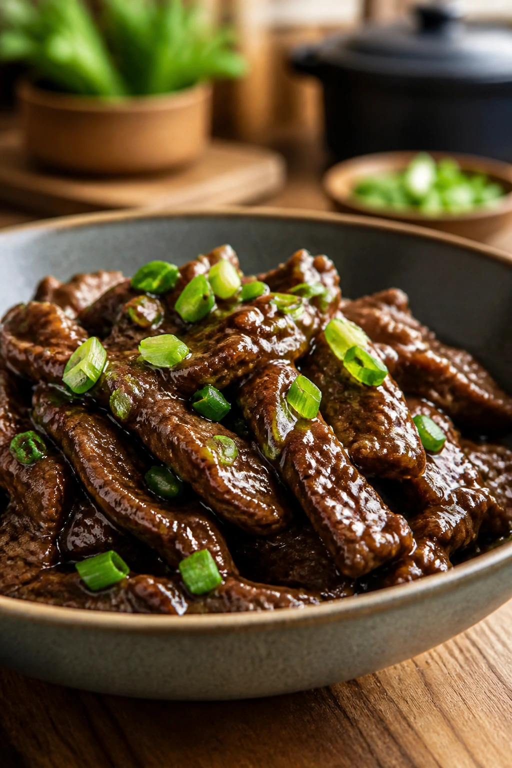 Beef with scallions in glossy Mongolian sauce in a rustic bowl.