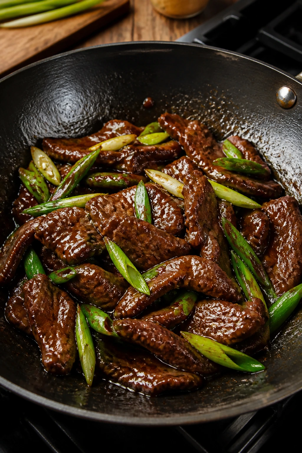 Close-up of Mongolian Beef with Scallions in glossy glaze