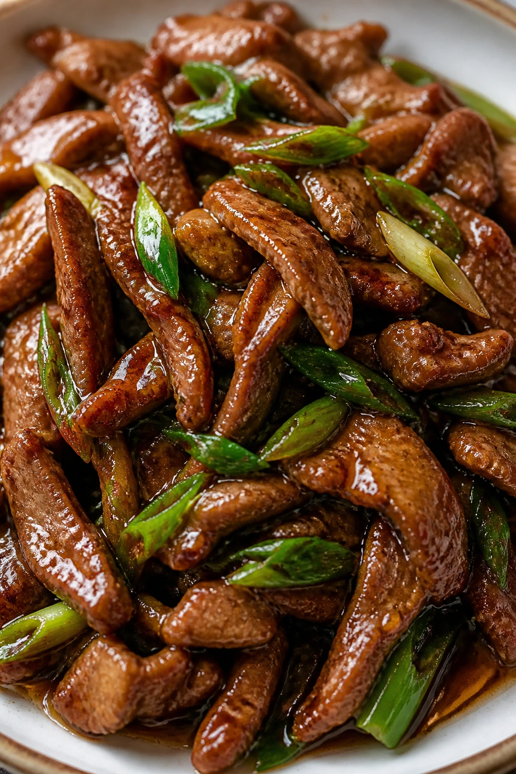 Close-up of Mongolian beef with scallions in glossy glaze