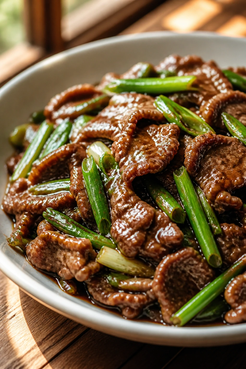 Close-up of Mongolian beef with scallions in glaze