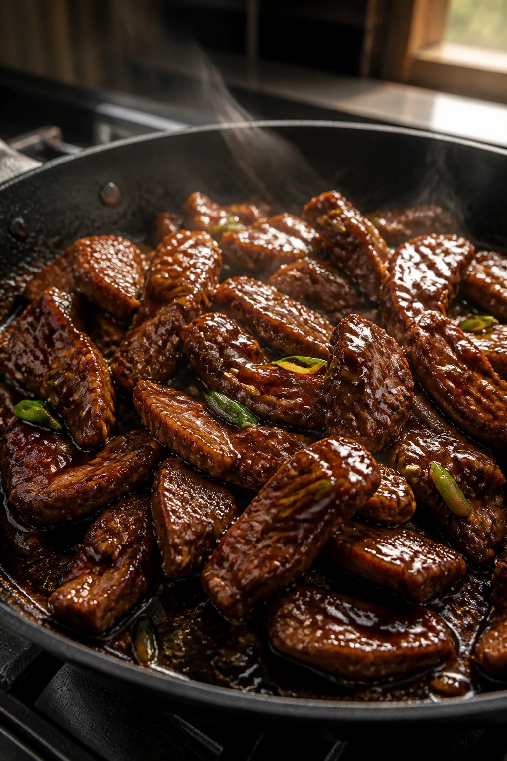 Close-up of Mongolian beef in glossy lacquered sauce on a hot skillet