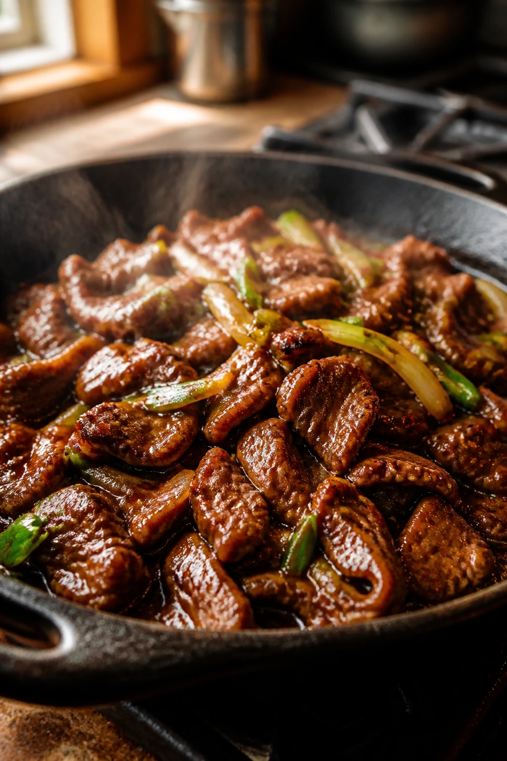 Close-up of Mongolian beef in a hot skillet with glossy sauce