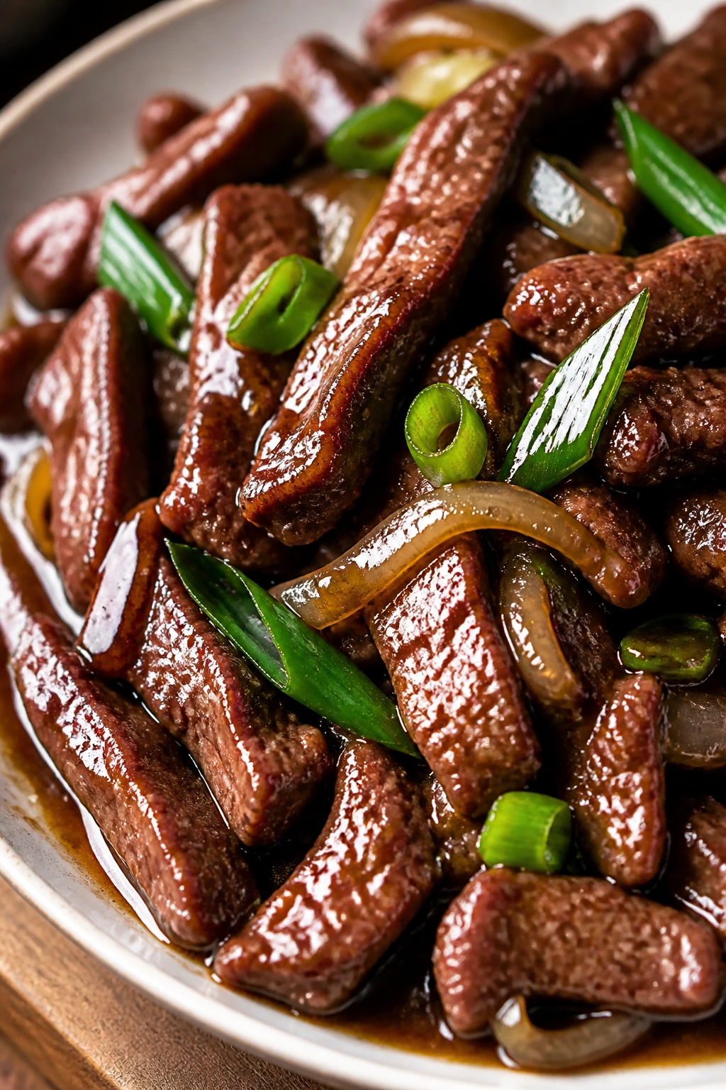 Close-up of thinly sliced Mongolian Beef strips in glossy sauce