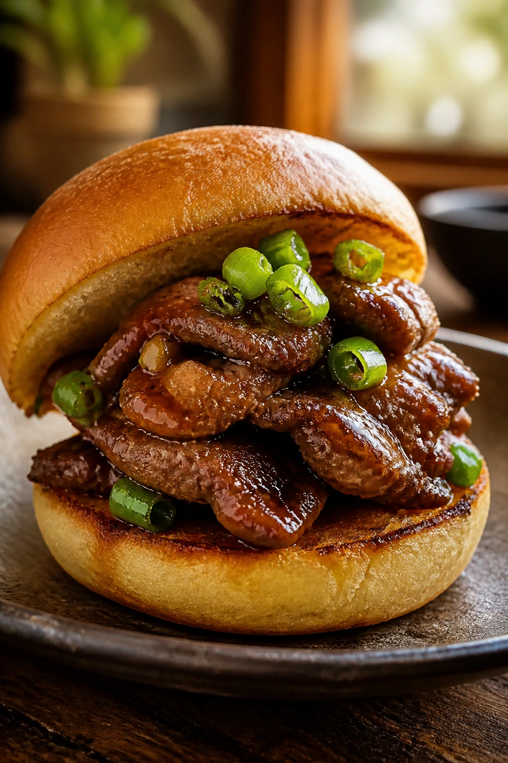 Close-up of Mongolian Beef Slider with glossy glaze