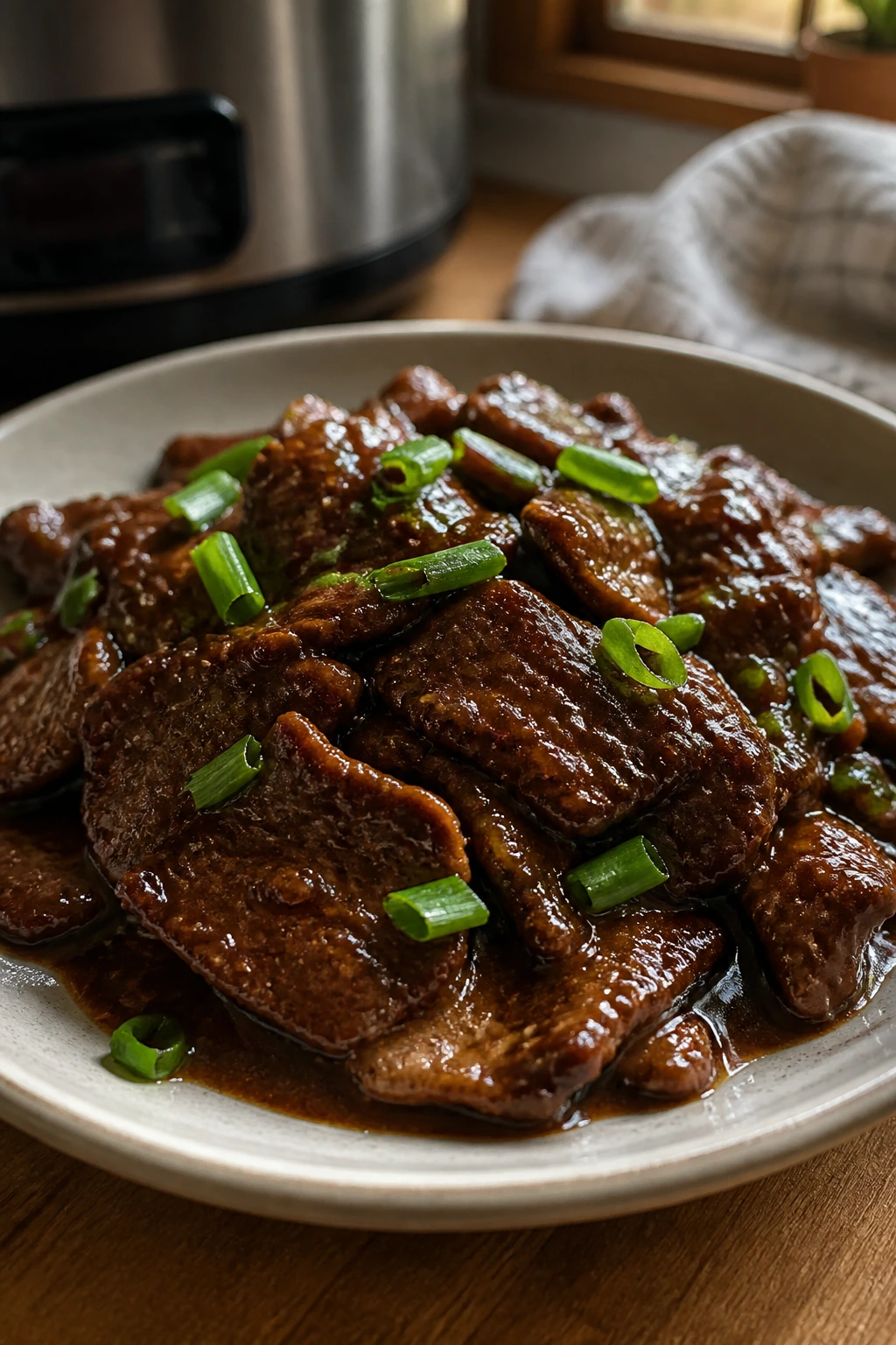 Close-up of Crockpot Mongolian Beef with glossy sauce and green onions in a kitchen