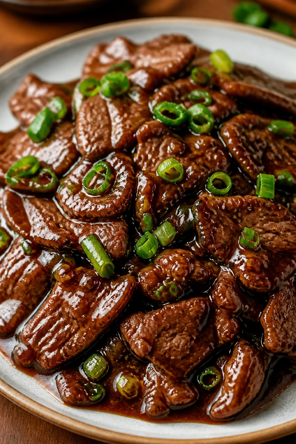 Mongolian beef in glossy sauce with scallions.