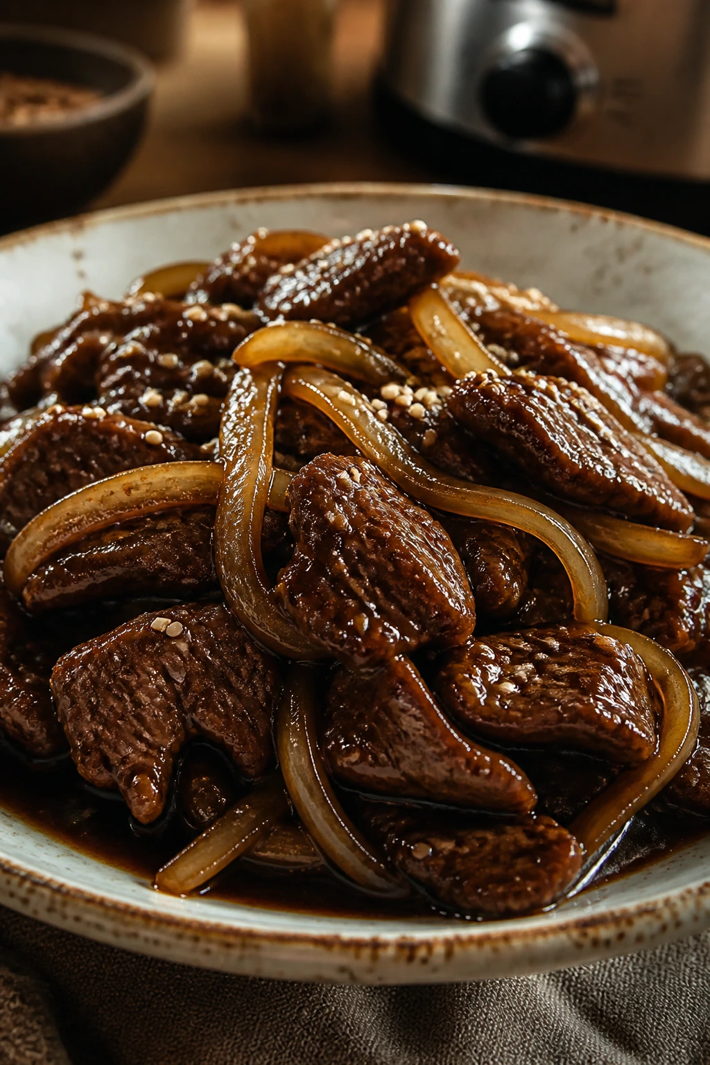 Beef strips in Mongolian sauce with onions on plate.