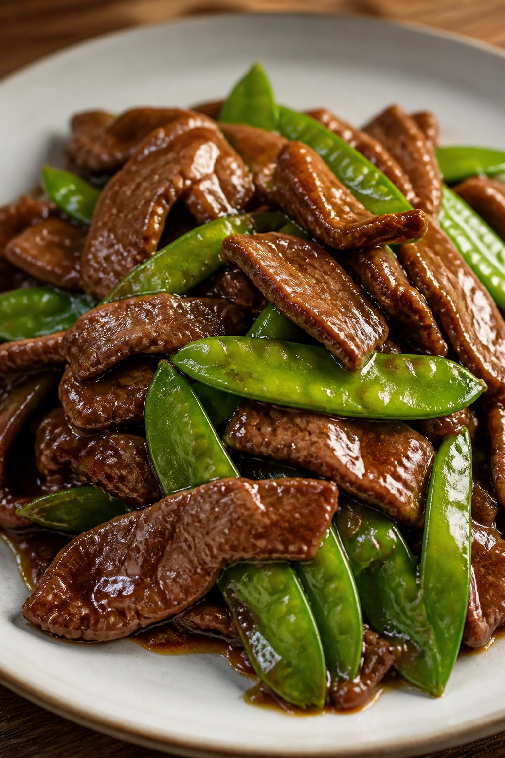 Beef with snow peas in glossy Mongolian sauce