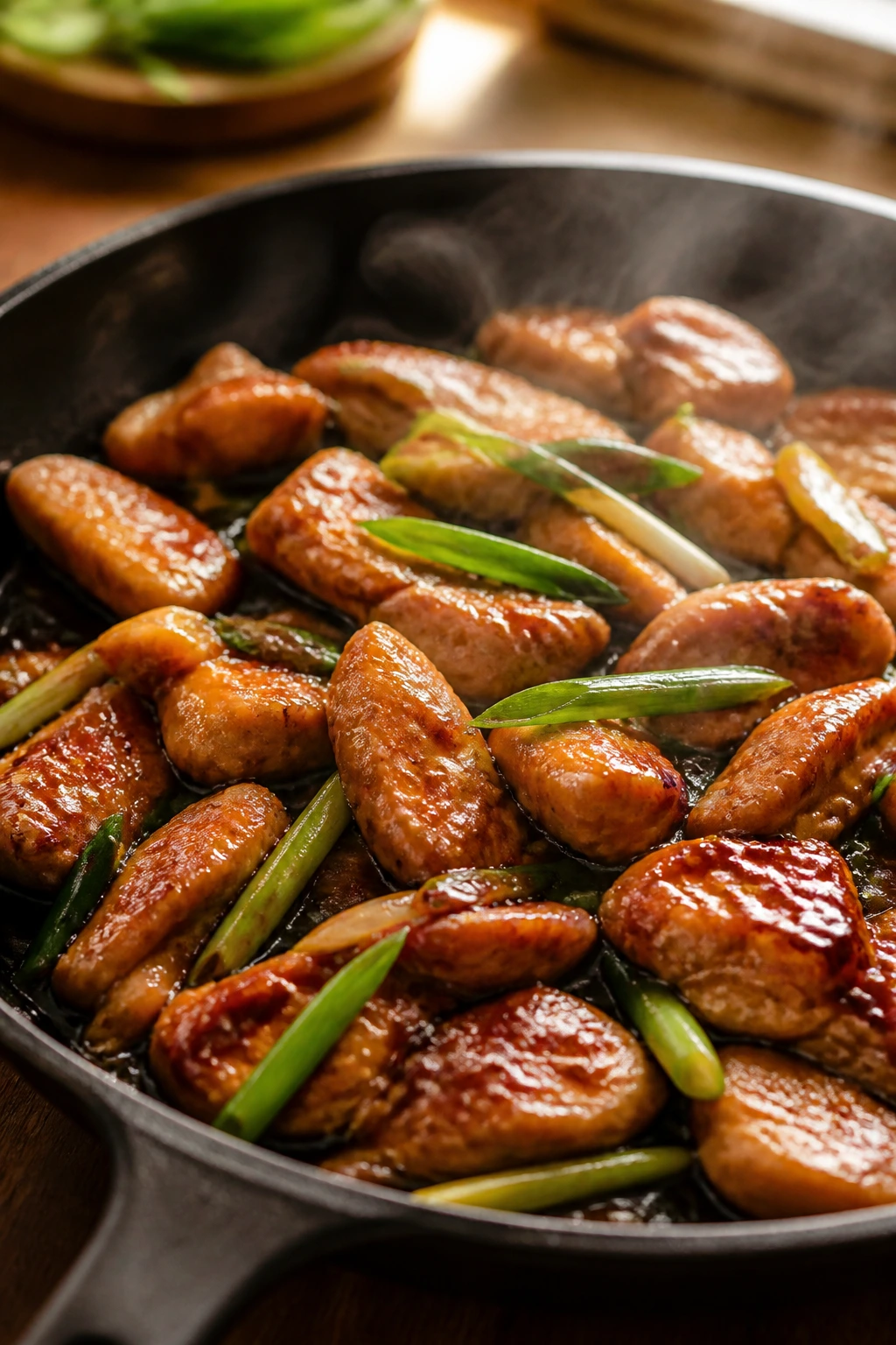 Close-up of Mongolian chicken with scallions in a glossy sauce on a skillet