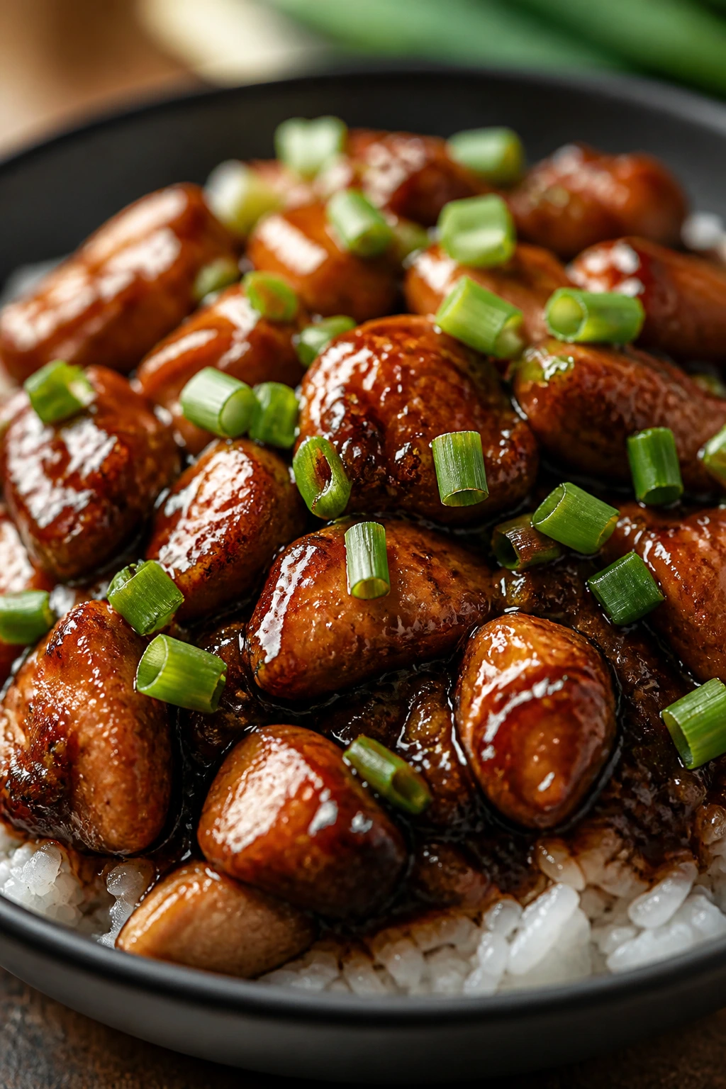 Close-up of Mongolian Chicken with Scallions over rice