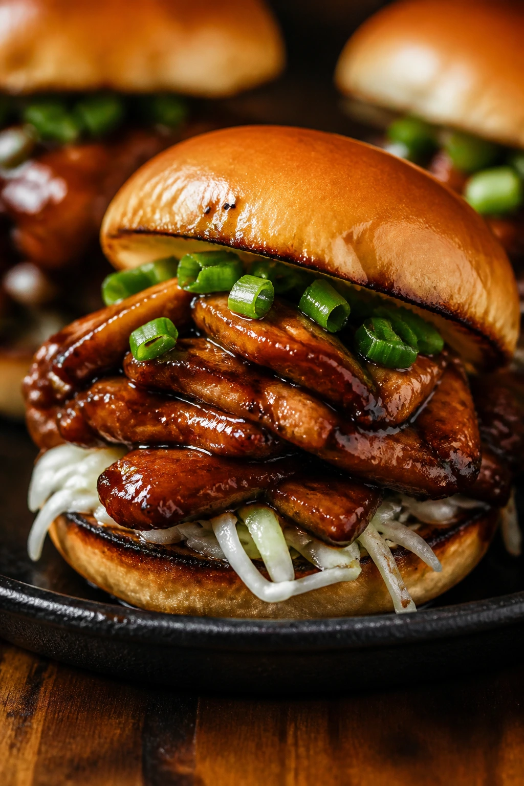 Close-up Mongolian chicken slider with brown sauce on toasted bun