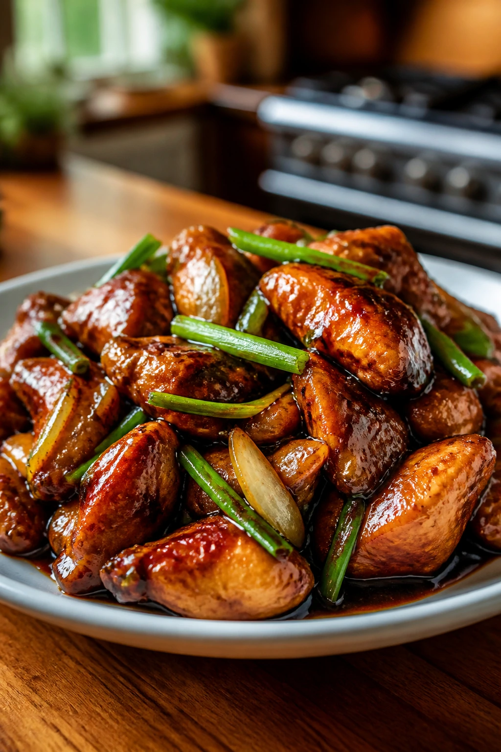 Close-up of Mongolian chicken with glossy glaze, onions, and scallions on a plate