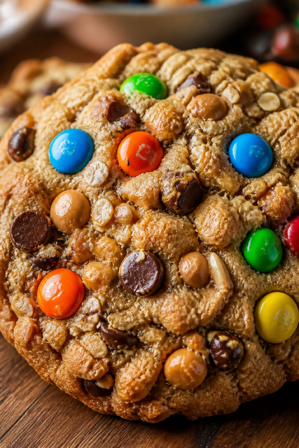 Close-up of a monster cookie packed with oats and candies
