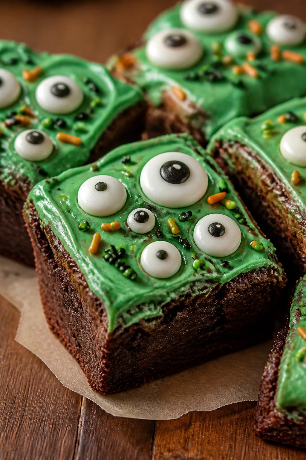 Brownie bars with green frosting and candy eyes