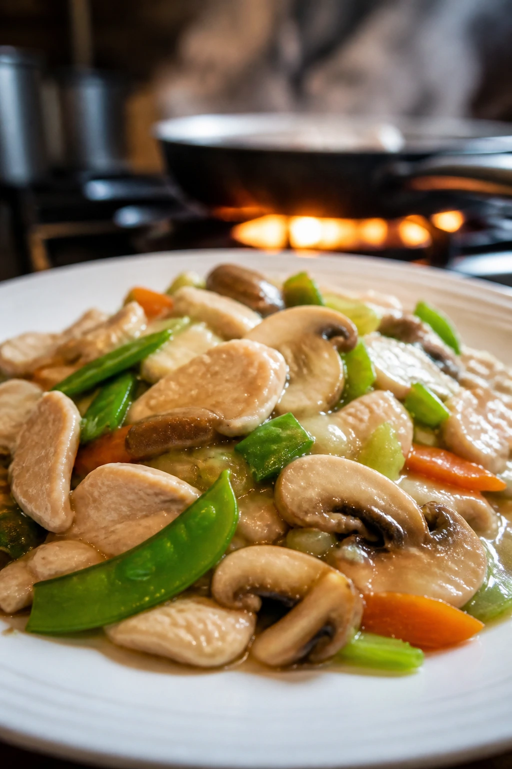 Close-up Moo Goo Gai Pan with chicken, mushrooms, snow peas on a plate.