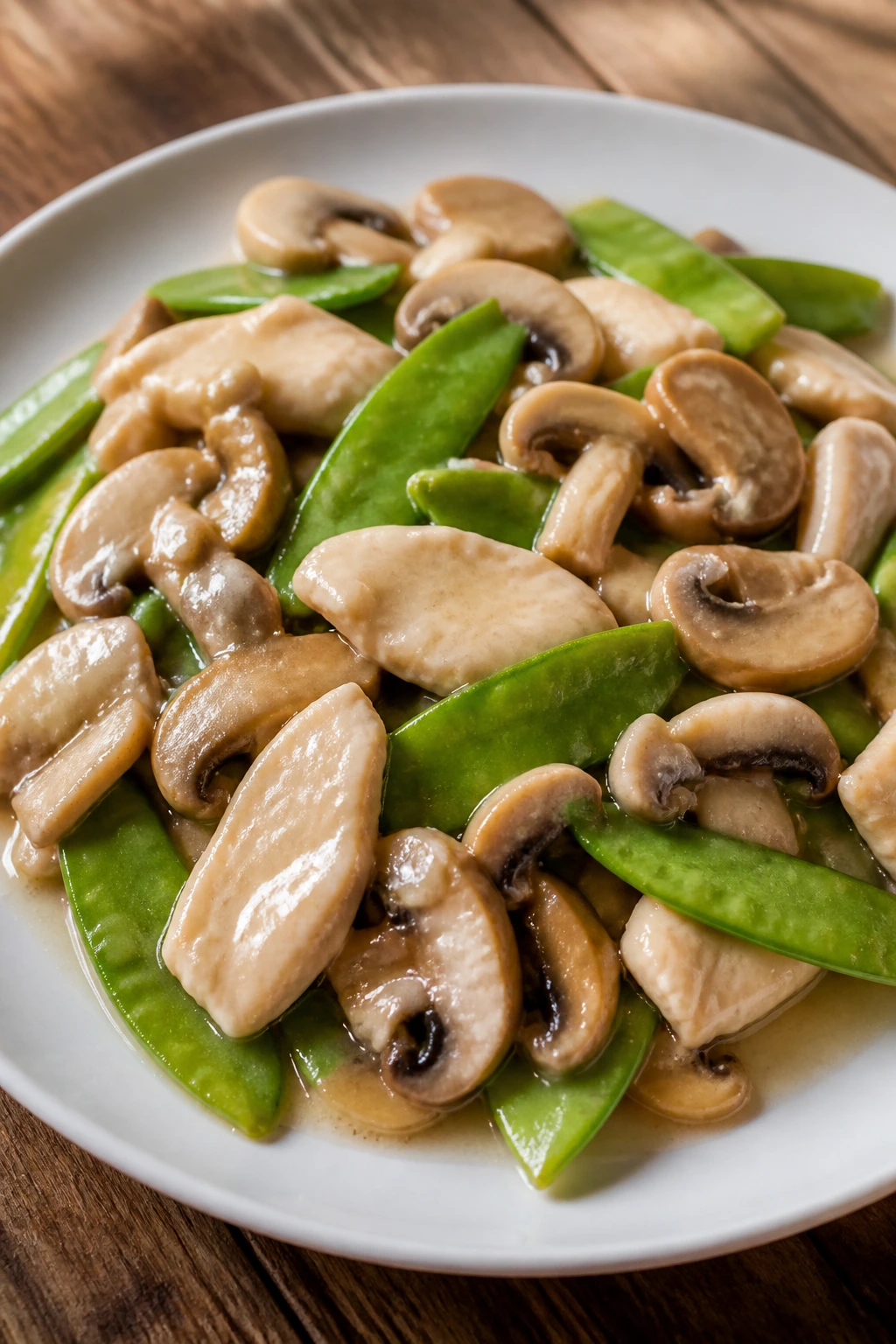 Close-up of Moo Goo Gai Pan with chicken, mushrooms and snow peas on plate