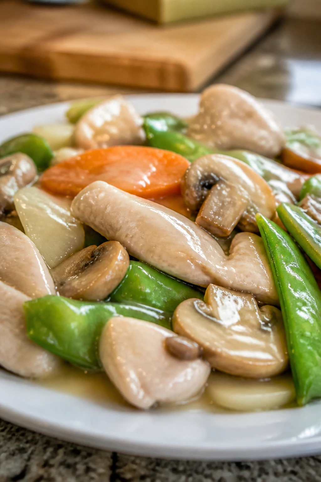 Close-up of Moo Goo Gai Pan with chicken, mushrooms, snow peas and carrots on a glossy plate