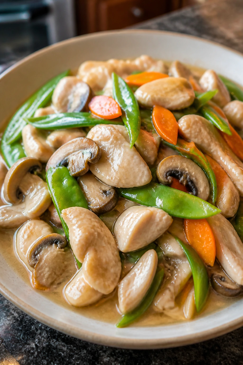 Moo Goo Gai Pan with mushrooms and vegetables in silky sauce