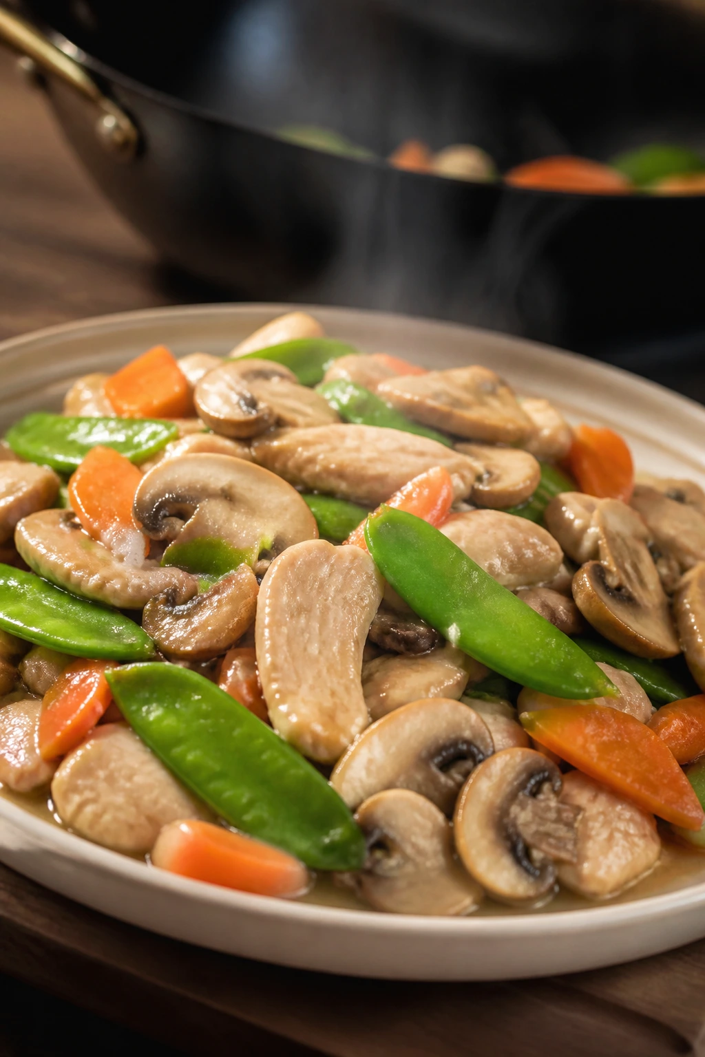 Close-up of Moo Goo Gai Pan with chicken, mushrooms, snow peas and carrot on plate