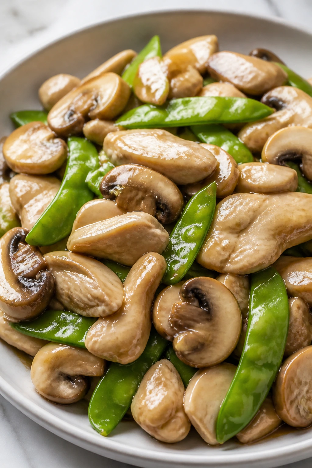 Chicken with mushrooms and snow peas in light sauce