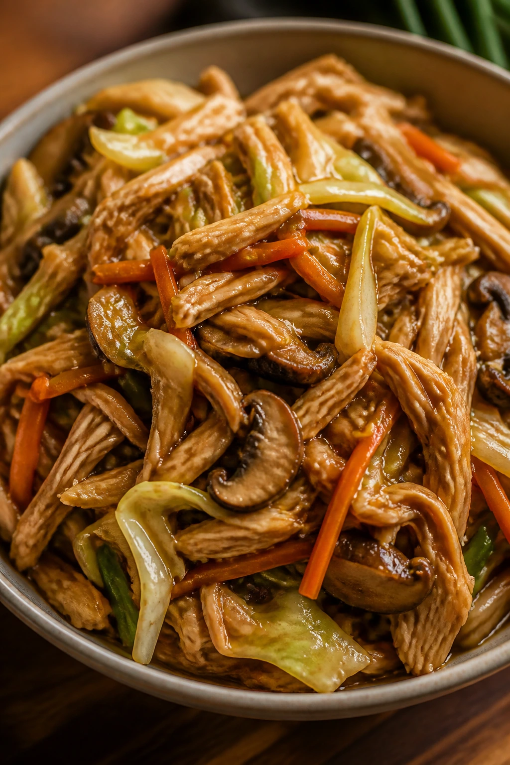 Close-up of moo shu chicken filling with vegetables