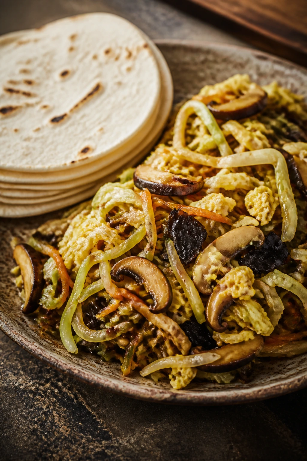 Moo Shu vegetables with pancakes on a rustic plate