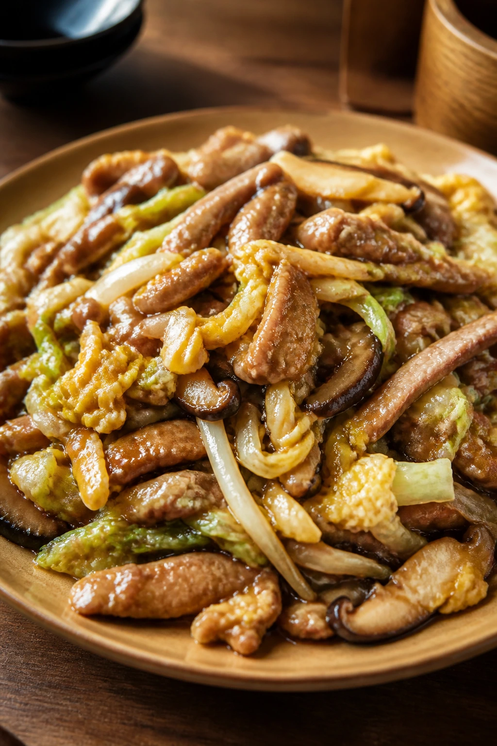 Close-up of Moo Shu Pork filling with pork, napa cabbage, mushrooms and eggs on a plate