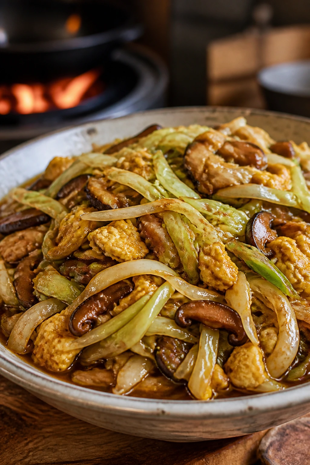 Moo Shu Vegetables filling in a bowl ready to wrap