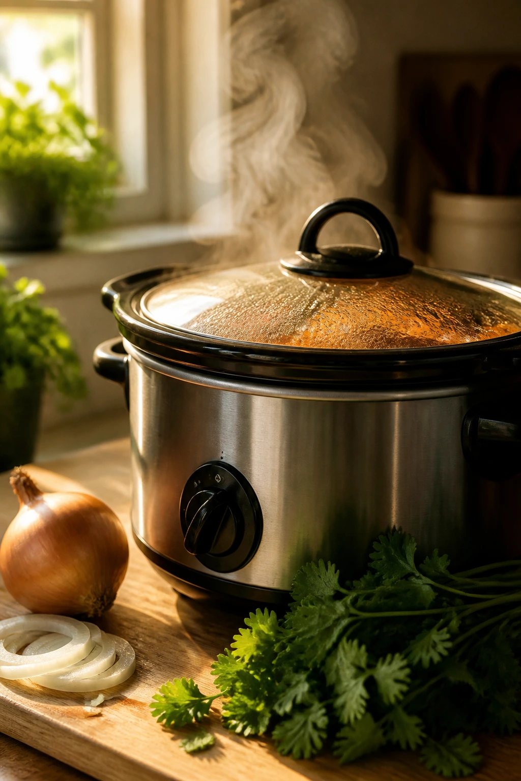 Slow cooker in a cozy morning kitchen with steam rising, signaling easy-set comfort meals