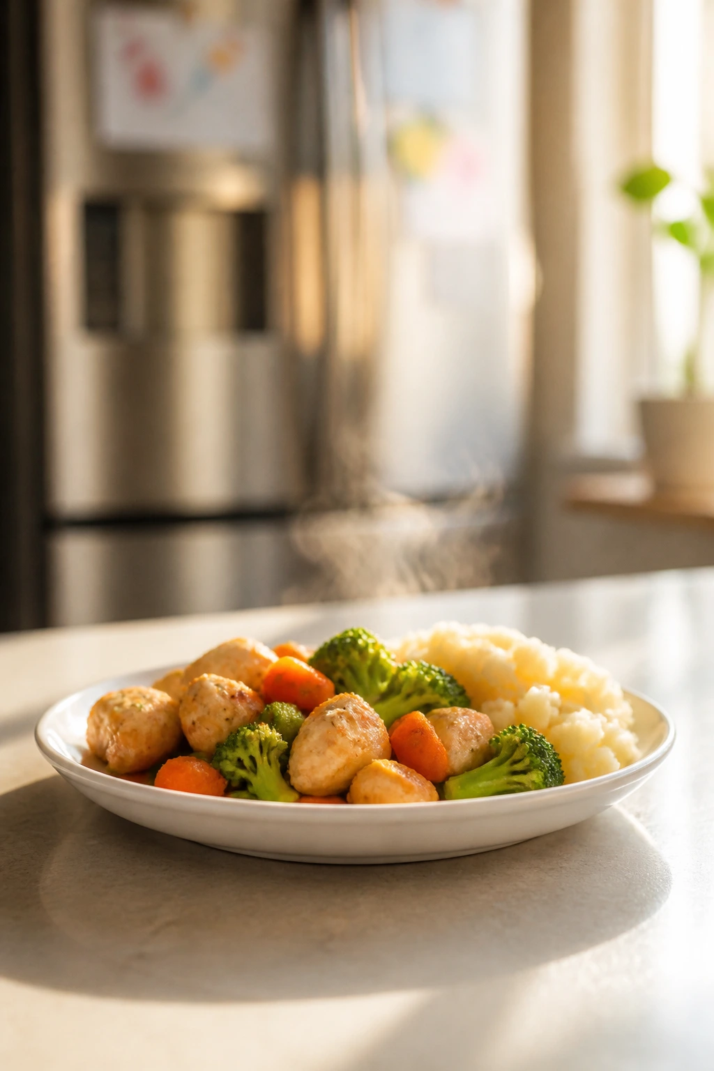 Reheated toddler dinner on a plate ready for busy mornings